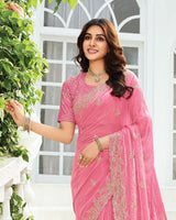 Vishal Prints Rosy Pink Designer Fancy Satin-Chiffon Saree With Embroidery-Diamond Work And Cut Work Border
