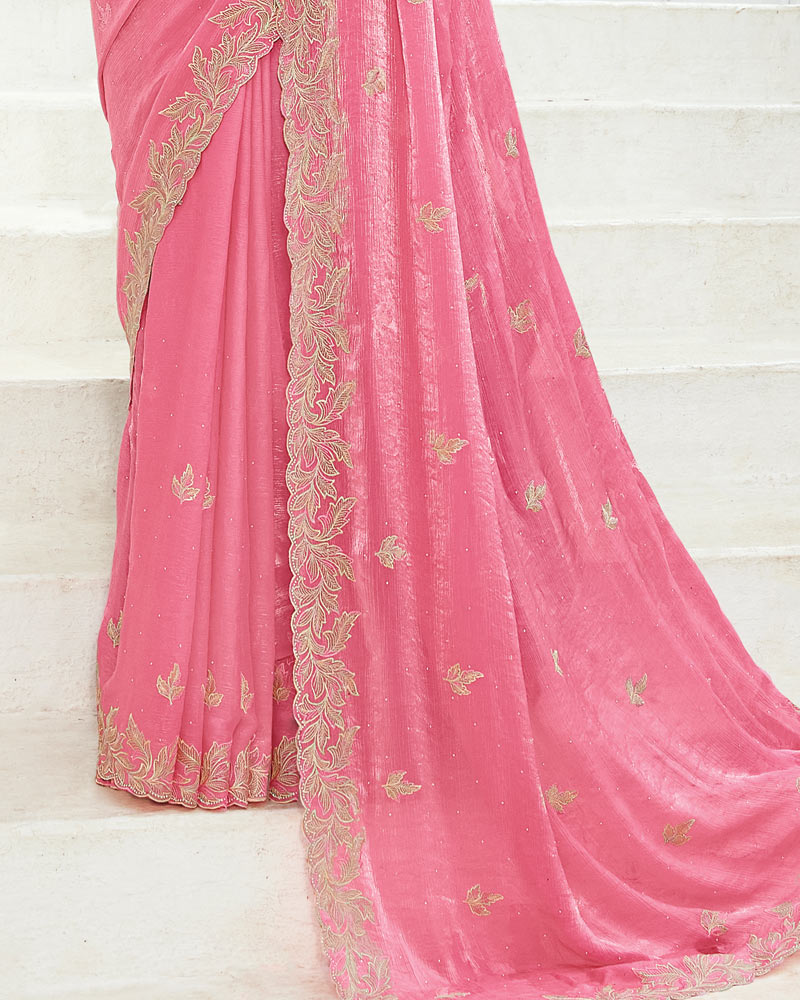 Vishal Prints Rosy Pink Designer Fancy Satin-Chiffon Saree With Embroidery-Diamond Work And Cut Work Border