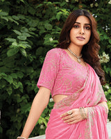 Vishal Prints Rosy Pink Designer Fancy Satin-Chiffon Saree With Embroidery-Diamond Work And Cut Work Border