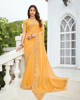 Vishal Prints Apricot Orange Designer Fancy Satin-Chiffon Saree With Embroidery-Diamond Work And Cut Work Border