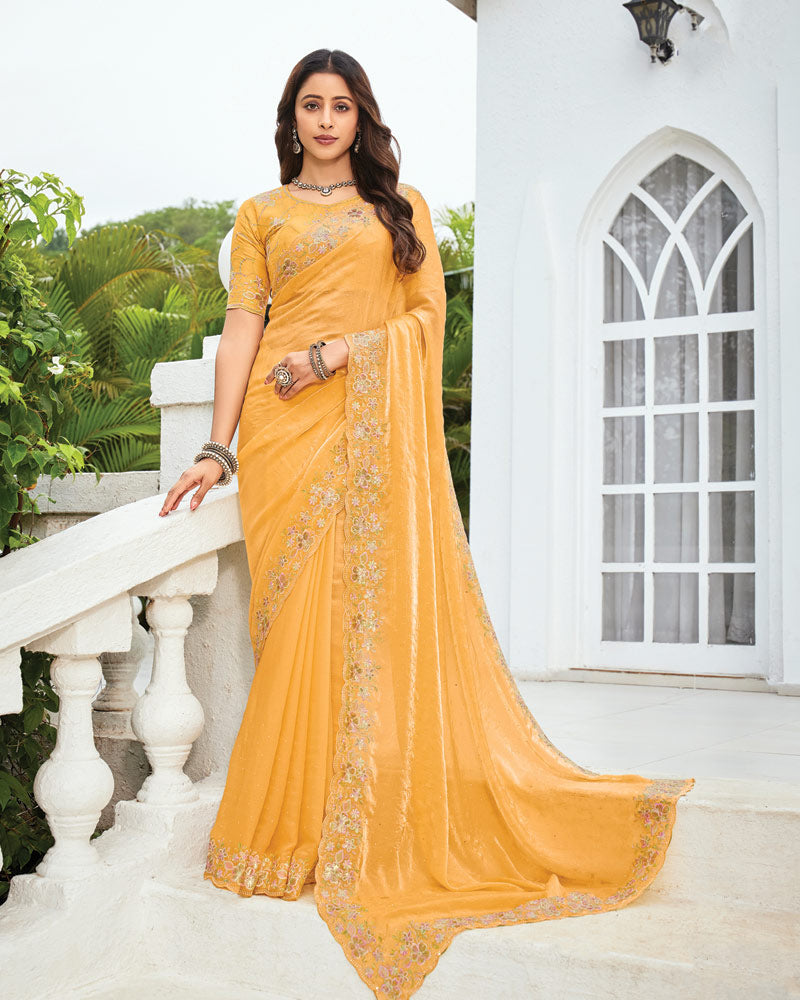 Vishal Prints Apricot Orange Designer Fancy Satin-Chiffon Saree With Embroidery-Diamond Work And Cut Work Border