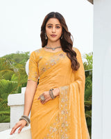 Vishal Prints Apricot Orange Designer Fancy Satin-Chiffon Saree With Embroidery-Diamond Work And Cut Work Border