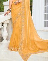 Vishal Prints Apricot Orange Designer Fancy Satin-Chiffon Saree With Embroidery-Diamond Work And Cut Work Border