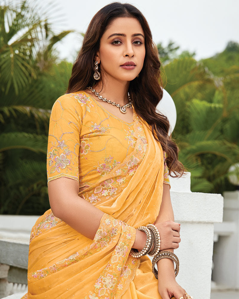 Vishal Prints Apricot Orange Designer Fancy Satin-Chiffon Saree With Embroidery-Diamond Work And Cut Work Border