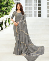 Vishal Prints Smokey Grey Designer Fancy Satin-Chiffon Saree With Embroidery-Diamond Work And Cut Work Border
