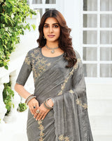 Vishal Prints Smokey Grey Designer Fancy Satin-Chiffon Saree With Embroidery-Diamond Work And Cut Work Border