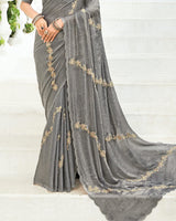Vishal Prints Smokey Grey Designer Fancy Satin-Chiffon Saree With Embroidery-Diamond Work And Cut Work Border
