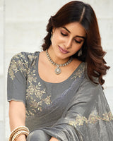 Vishal Prints Smokey Grey Designer Fancy Satin-Chiffon Saree With Embroidery-Diamond Work And Cut Work Border