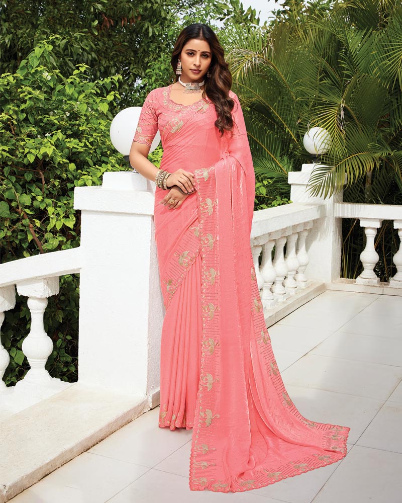 Vishal Prints Light Coral Designer Fancy Satin-Chiffon Saree With Embroidery-Diamond Work And Cut Work Border