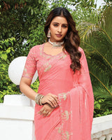 Vishal Prints Light Coral Designer Fancy Satin-Chiffon Saree With Embroidery-Diamond Work And Cut Work Border