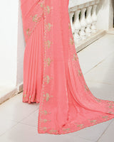 Vishal Prints Light Coral Designer Fancy Satin-Chiffon Saree With Embroidery-Diamond Work And Cut Work Border