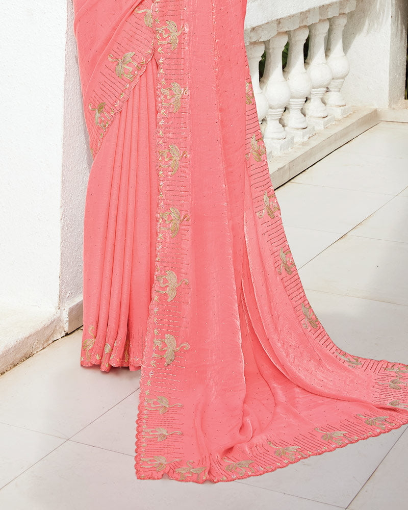 Vishal Prints Light Coral Designer Fancy Satin-Chiffon Saree With Embroidery-Diamond Work And Cut Work Border