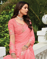 Vishal Prints Light Coral Designer Fancy Satin-Chiffon Saree With Embroidery-Diamond Work And Cut Work Border