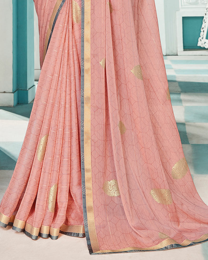 Vishal Prints Salmon Printed Chiffon Saree With Foil Print And Fancy Border