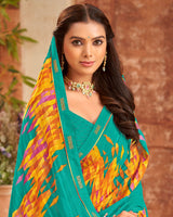 Vishal Prints Teal Blue Printed Patterned Georgette Saree With Fancy Border