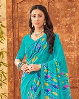 Vishal Prints Dark Turquoise Blue Printed Patterned Georgette Saree With Fancy Border