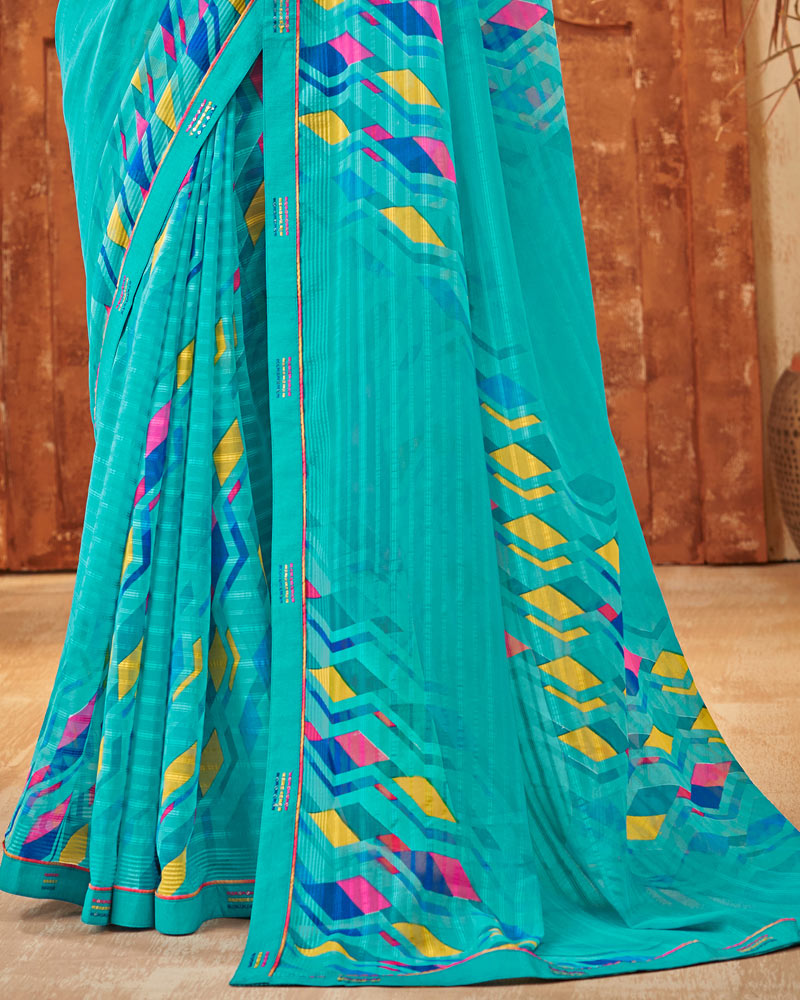 Vishal Prints Dark Turquoise Blue Printed Patterned Georgette Saree With Fancy Border