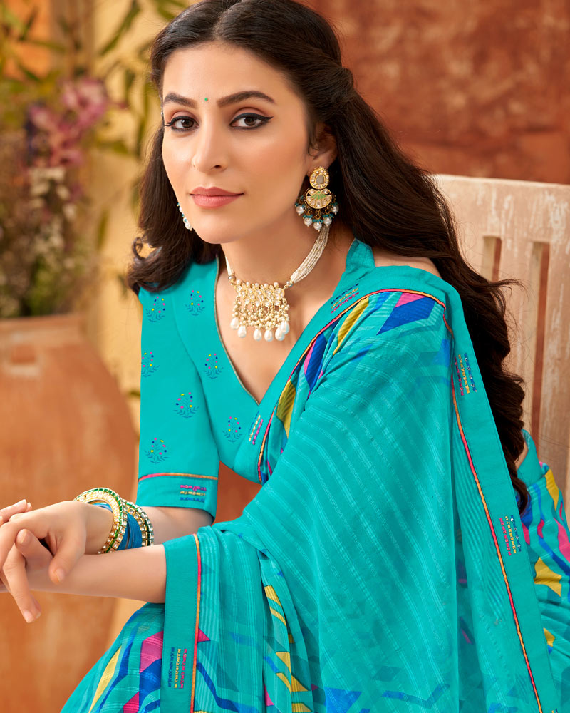 Vishal Prints Dark Turquoise Blue Printed Patterned Georgette Saree With Fancy Border