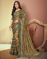 Vishal Prints Light Brown And Grey Printed Brasso Saree With Tassel