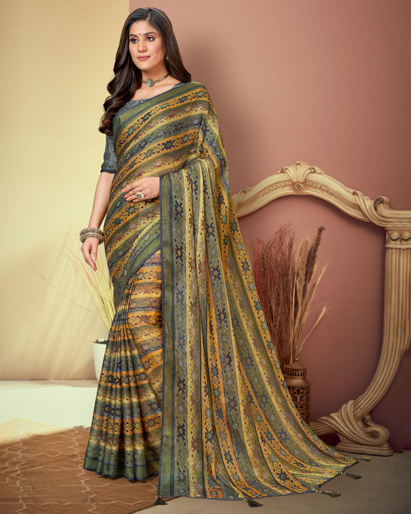 Vishal Prints Light Brown And Grey Printed Brasso Saree With Tassel