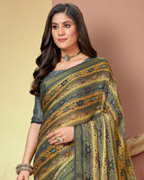 Vishal Prints Light Brown And Grey Printed Brasso Saree With Tassel