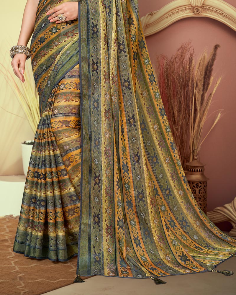 Vishal Prints Light Brown And Grey Printed Brasso Saree With Tassel