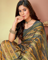Vishal Prints Light Brown And Grey Printed Brasso Saree With Tassel