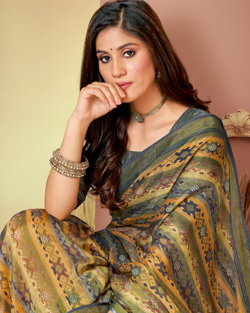 Vishal Prints Light Brown And Grey Printed Brasso Saree With Tassel