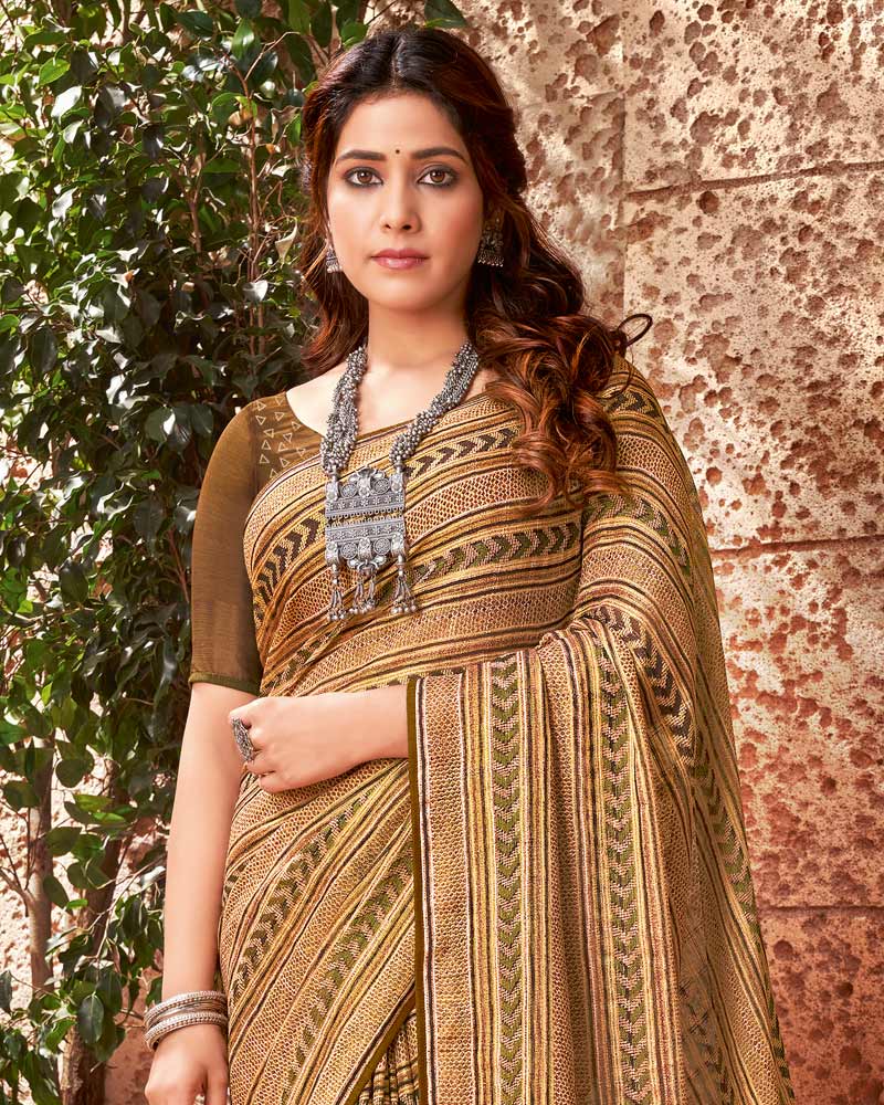 Vishal Prints Light Brown Brasso Digital Print Saree With Tassel