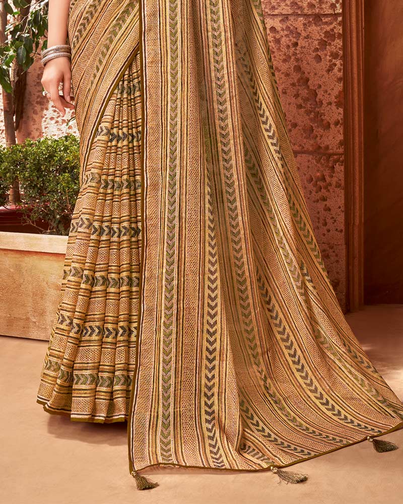 Vishal Prints Light Brown Brasso Digital Print Saree With Tassel