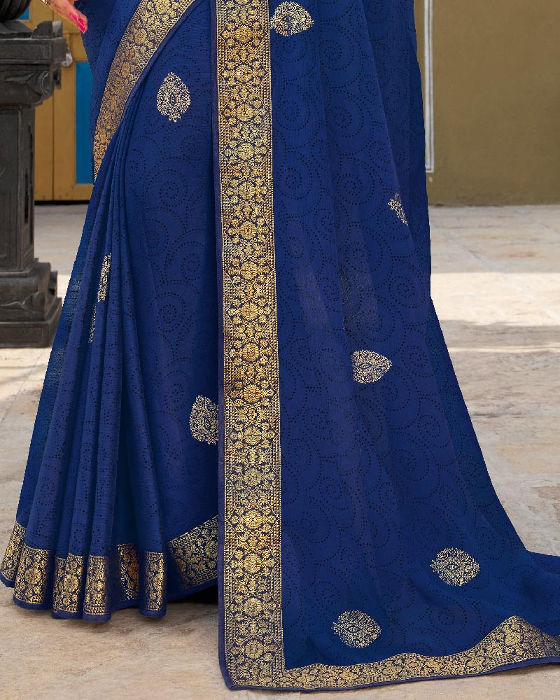 Vishal Prints Blue Chiffon Saree With Foil Print And Zari Border