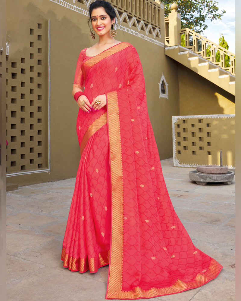 Vishal Prints Pink Chiffon Saree With Foil Print And Zari Border