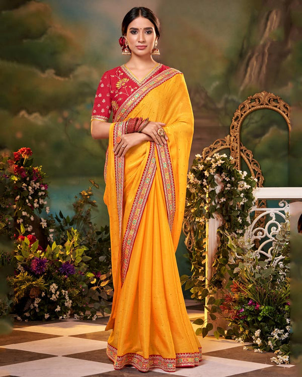 Vishal Prints Dark Yellow Fancy Chiffon Saree With Diamond Work And Designer Zari Border