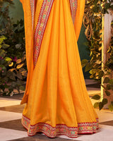 Vishal Prints Dark Yellow Fancy Chiffon Saree With Diamond Work And Designer Zari Border