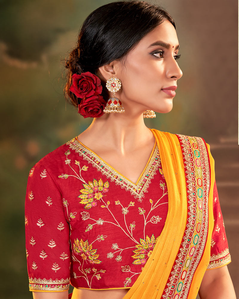 Vishal Prints Dark Yellow Fancy Chiffon Saree With Diamond Work And Designer Zari Border