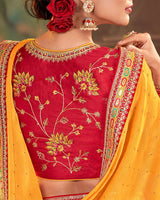 Vishal Prints Dark Yellow Fancy Chiffon Saree With Diamond Work And Designer Zari Border