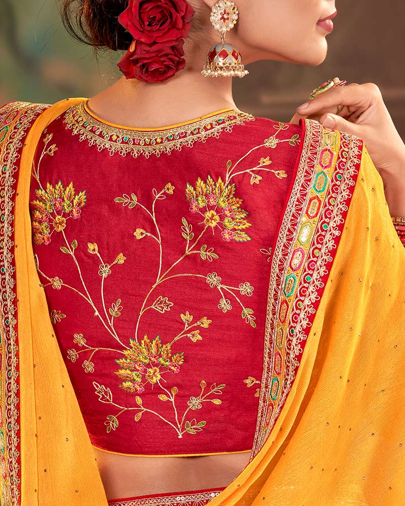 Vishal Prints Dark Yellow Fancy Chiffon Saree With Diamond Work And Designer Zari Border