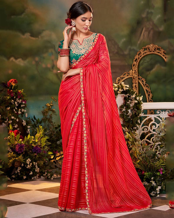 Vishal Prints Pinkish Red Fancy Chiffon Saree With Diamond Work And Designer Zari Border