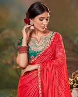 Vishal Prints Pinkish Red Fancy Chiffon Saree With Diamond Work And Designer Zari Border