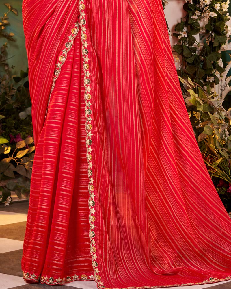 Vishal Prints Pinkish Red Fancy Chiffon Saree With Diamond Work And Designer Zari Border