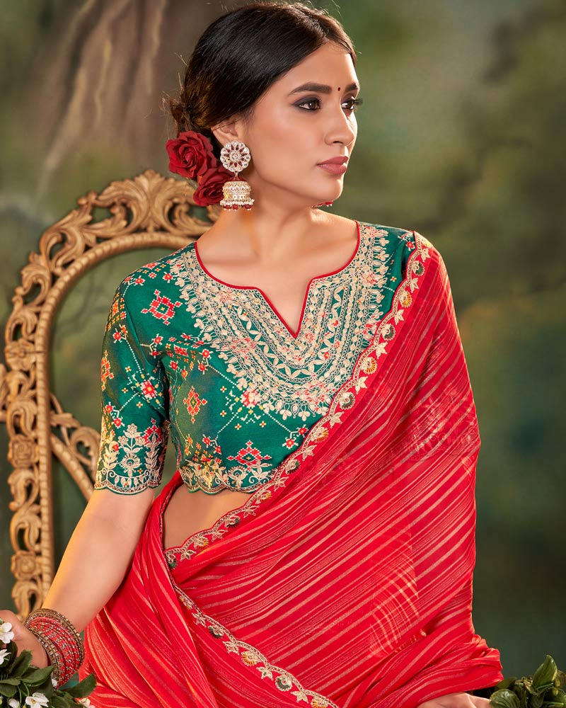 Vishal Prints Pinkish Red Fancy Chiffon Saree With Diamond Work And Designer Zari Border