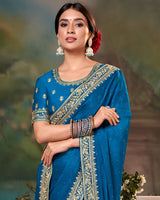 Vishal Prints Bahama Blue Fancy Chiffon Saree With Diamond Work And Designer Zari Border