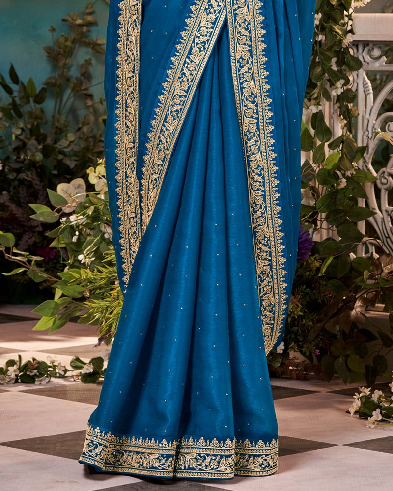 Vishal Prints Bahama Blue Fancy Chiffon Saree With Diamond Work And Designer Zari Border