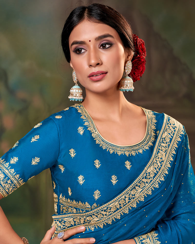 Vishal Prints Bahama Blue Fancy Chiffon Saree With Diamond Work And Designer Zari Border
