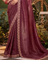 Vishal Prints Tawny Port Maroon Fancy Chiffon Saree With Diamond Work And Designer Zari Border