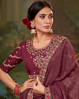 Vishal Prints Tawny Port Maroon Fancy Chiffon Saree With Diamond Work And Designer Zari Border