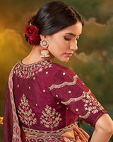 Vishal Prints Tawny Port Maroon Fancy Chiffon Saree With Diamond Work And Designer Zari Border
