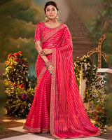Vishal Prints Red Pink Fancy Chiffon Saree With Diamond Work And Designer Zari Border