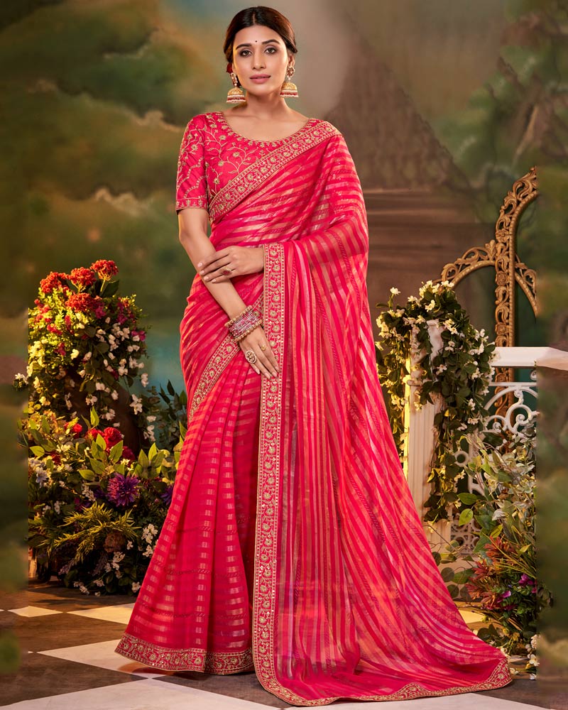 Vishal Prints Red Pink Fancy Chiffon Saree With Diamond Work And Designer Zari Border