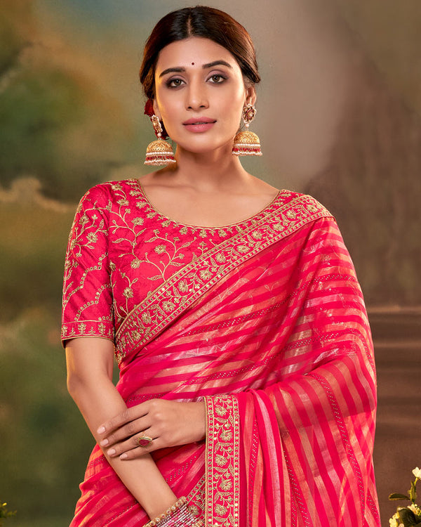 Vishal Prints Red Pink Fancy Chiffon Saree With Diamond Work And Designer Zari Border